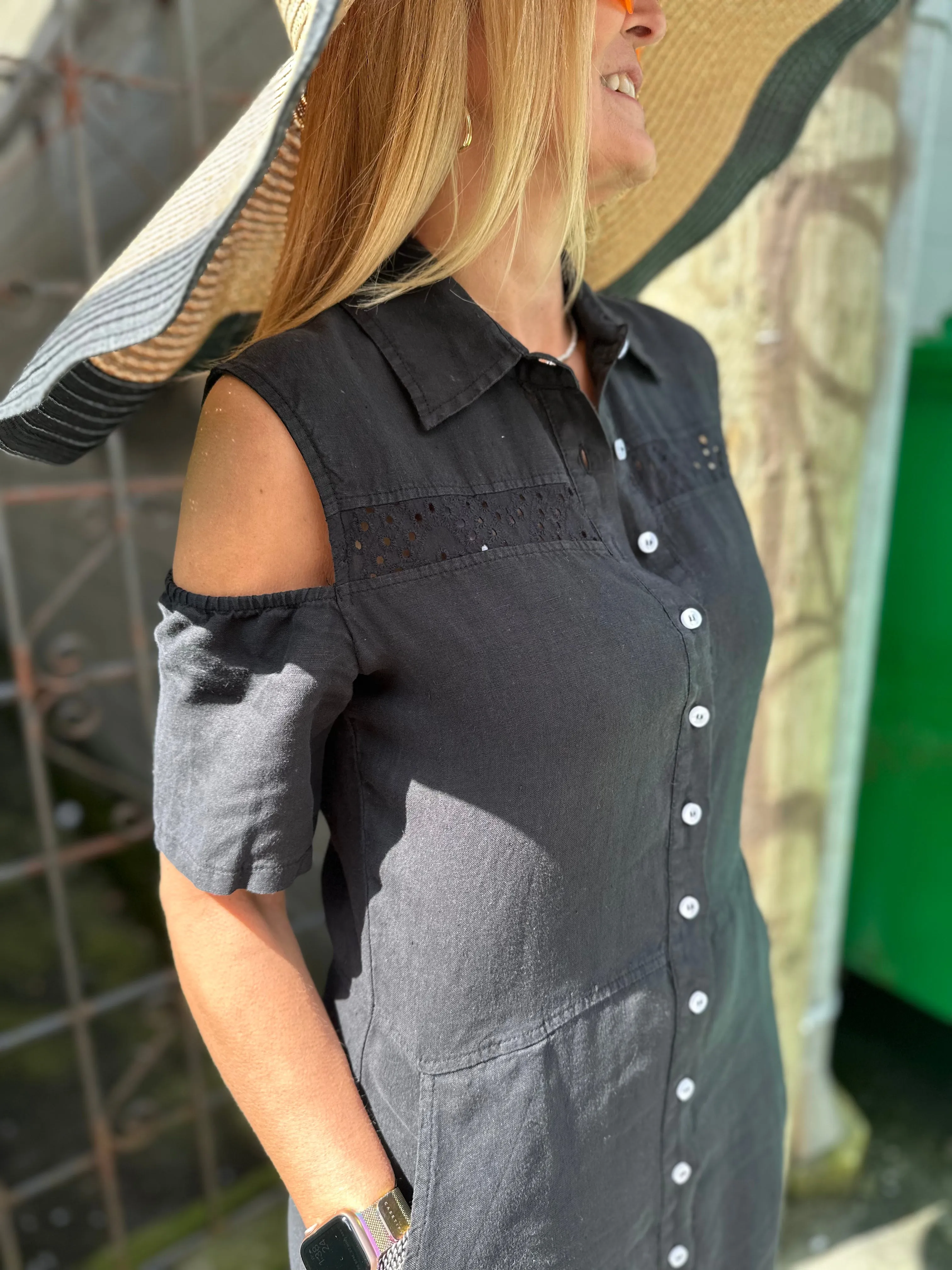 11-263 Black Linen Shirt Dress