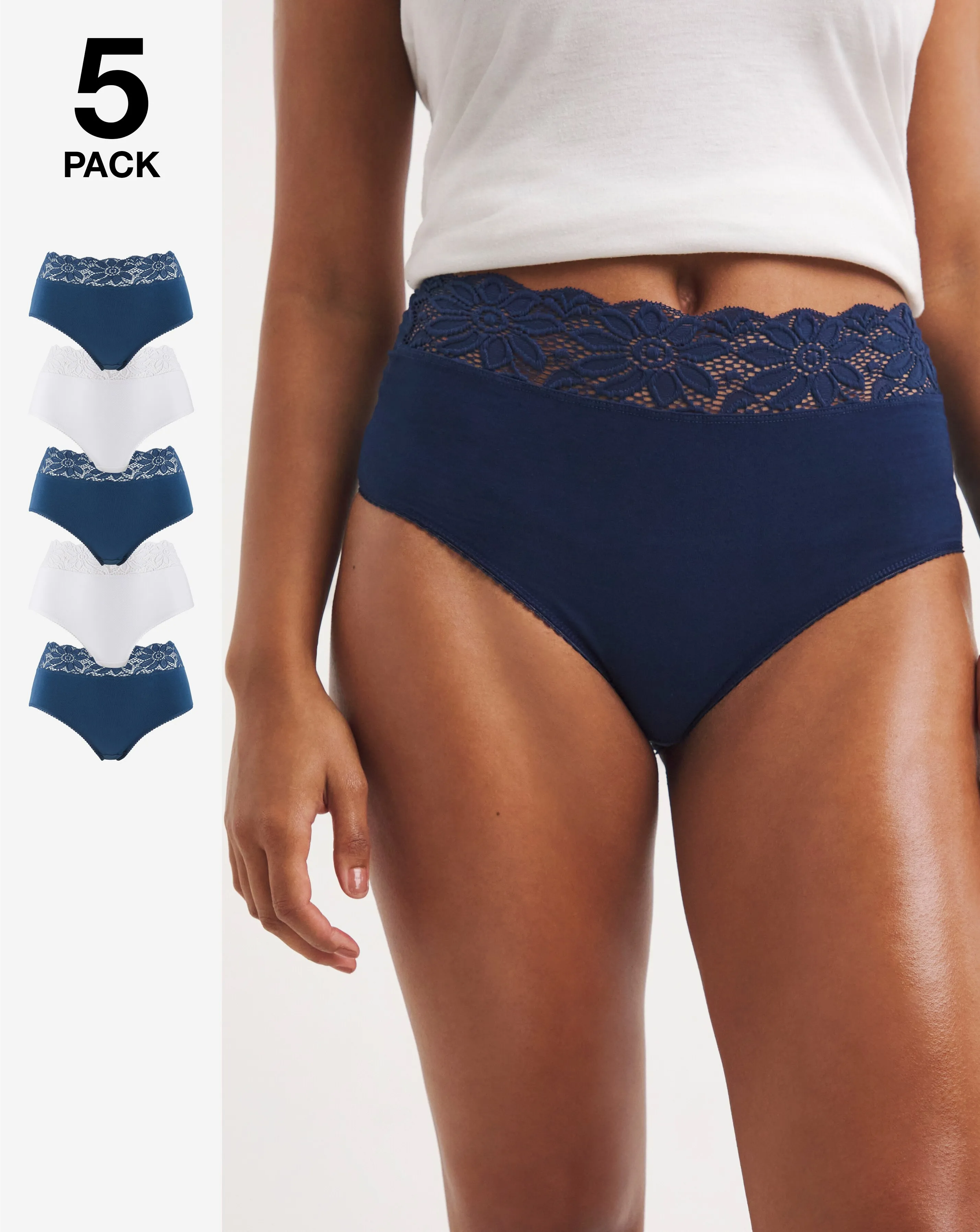 5 Pack Navy & White Lace Top Full Brief Knickers