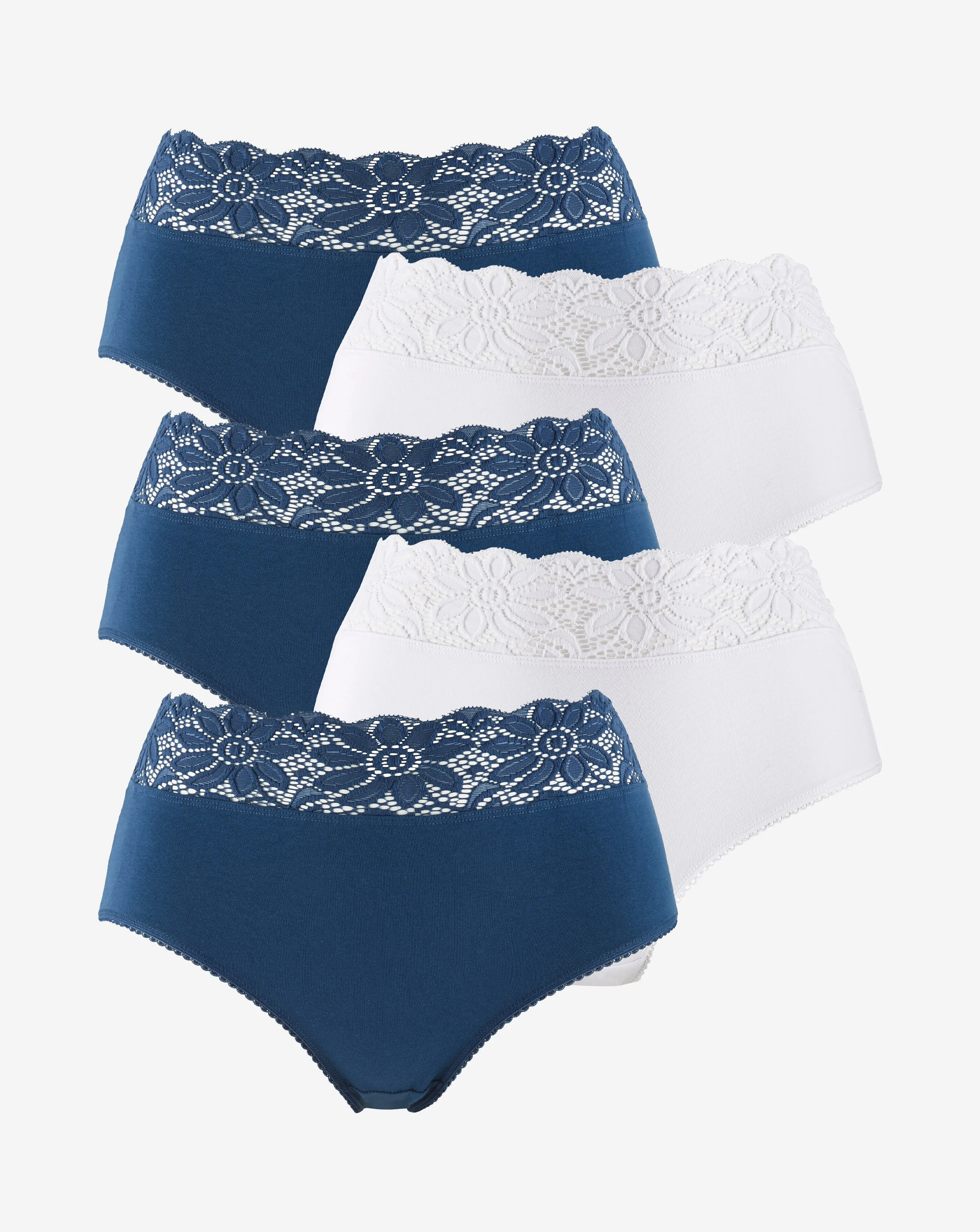 5 Pack Navy & White Lace Top Full Brief Knickers