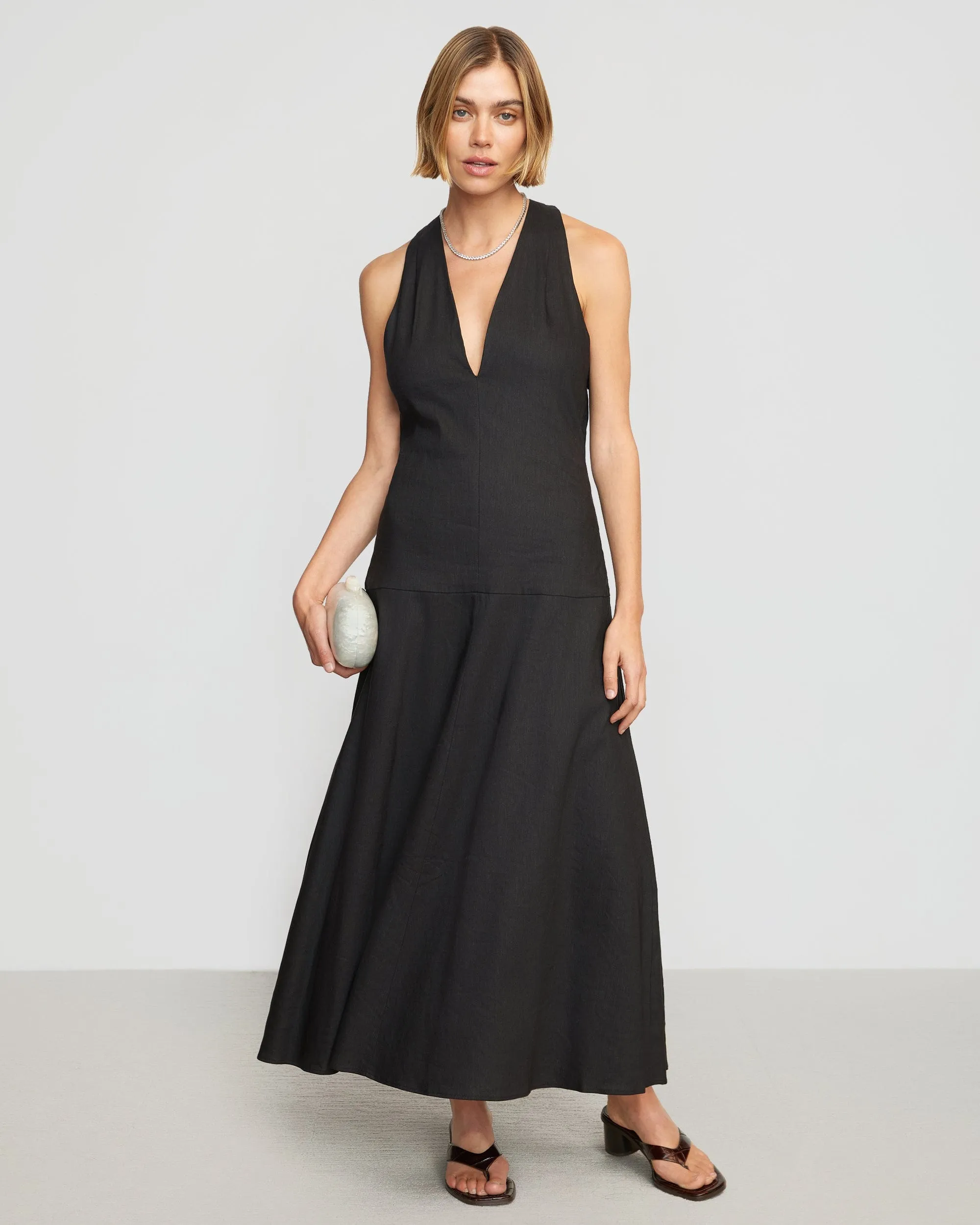 Adeline Linen Halter Dress | Black