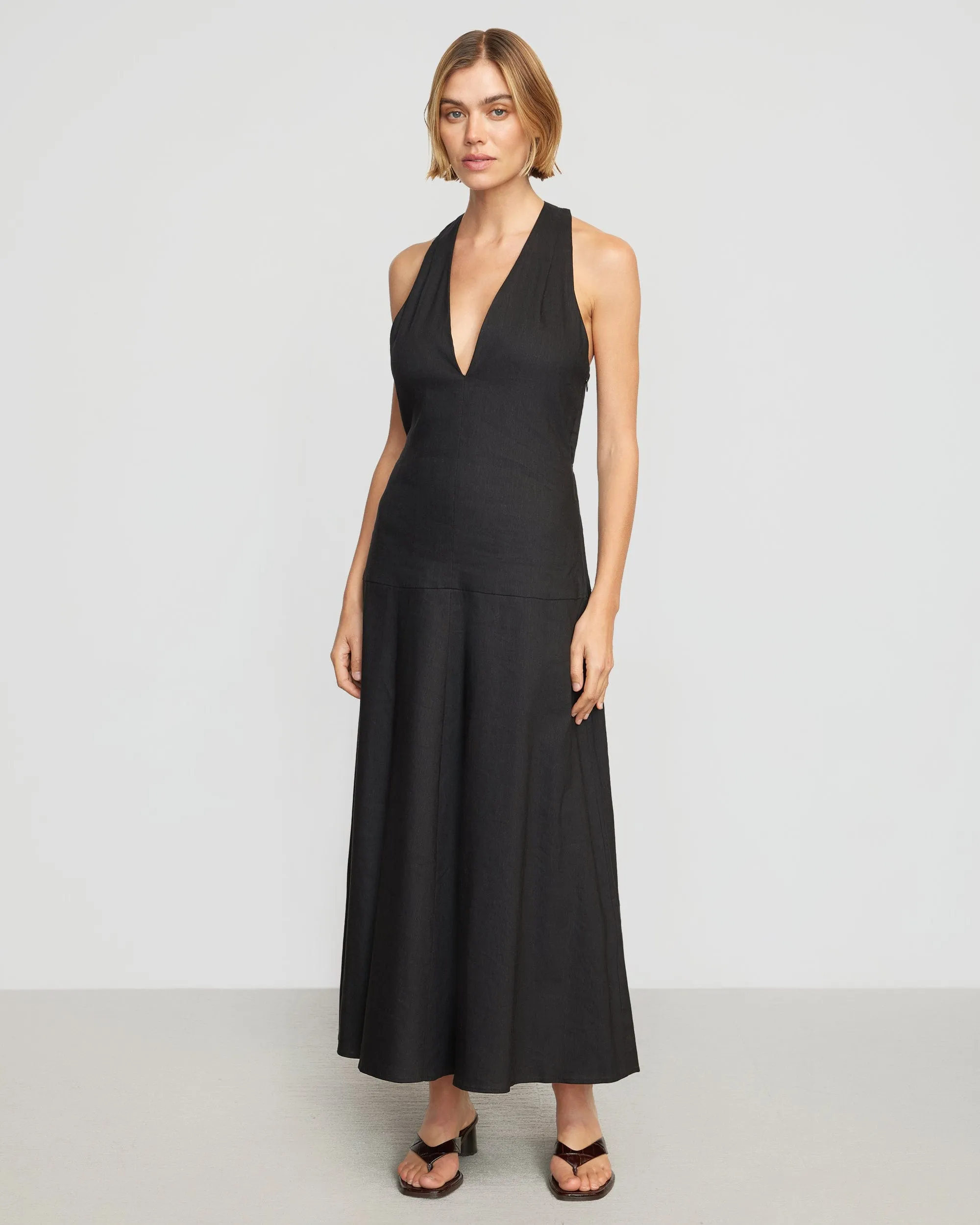 Adeline Linen Halter Dress | Black