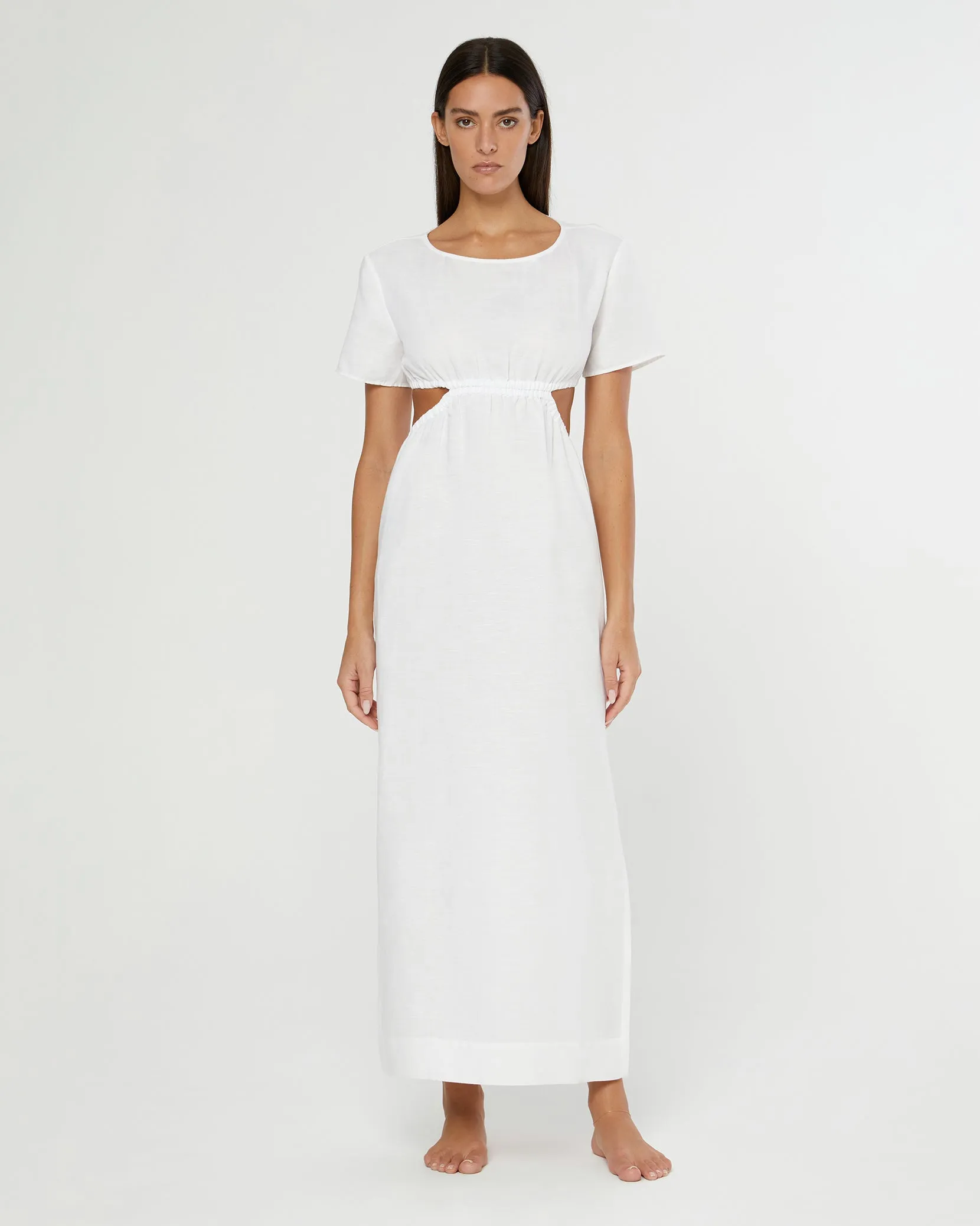 Air Linen Boatneck Cutout Maxi Dress | White