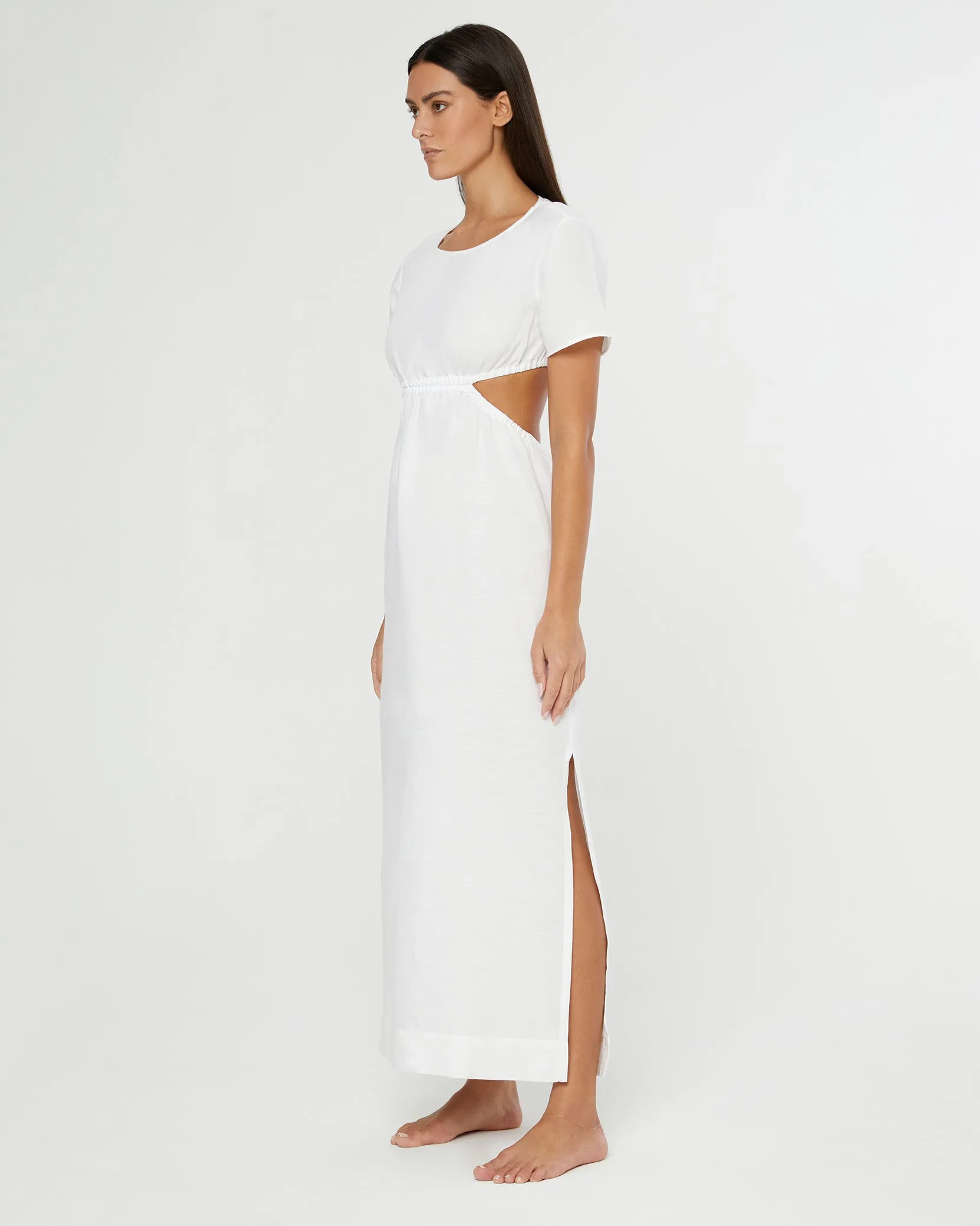 Air Linen Boatneck Cutout Maxi Dress | White