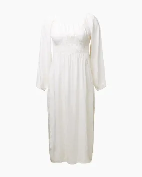 Air Linen Smocked Long Sleeve Dress | White