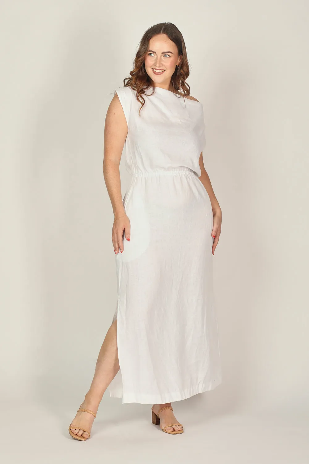 Alice Linen Drop Shoulder Dress in White