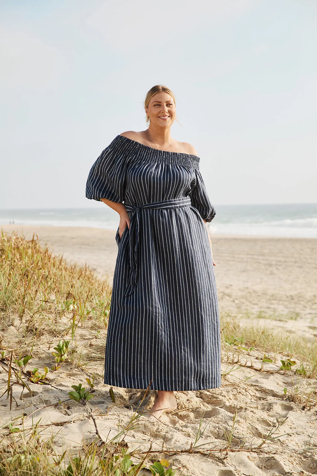 Alisa Off The Shoulder Linen Dress in Boathouse