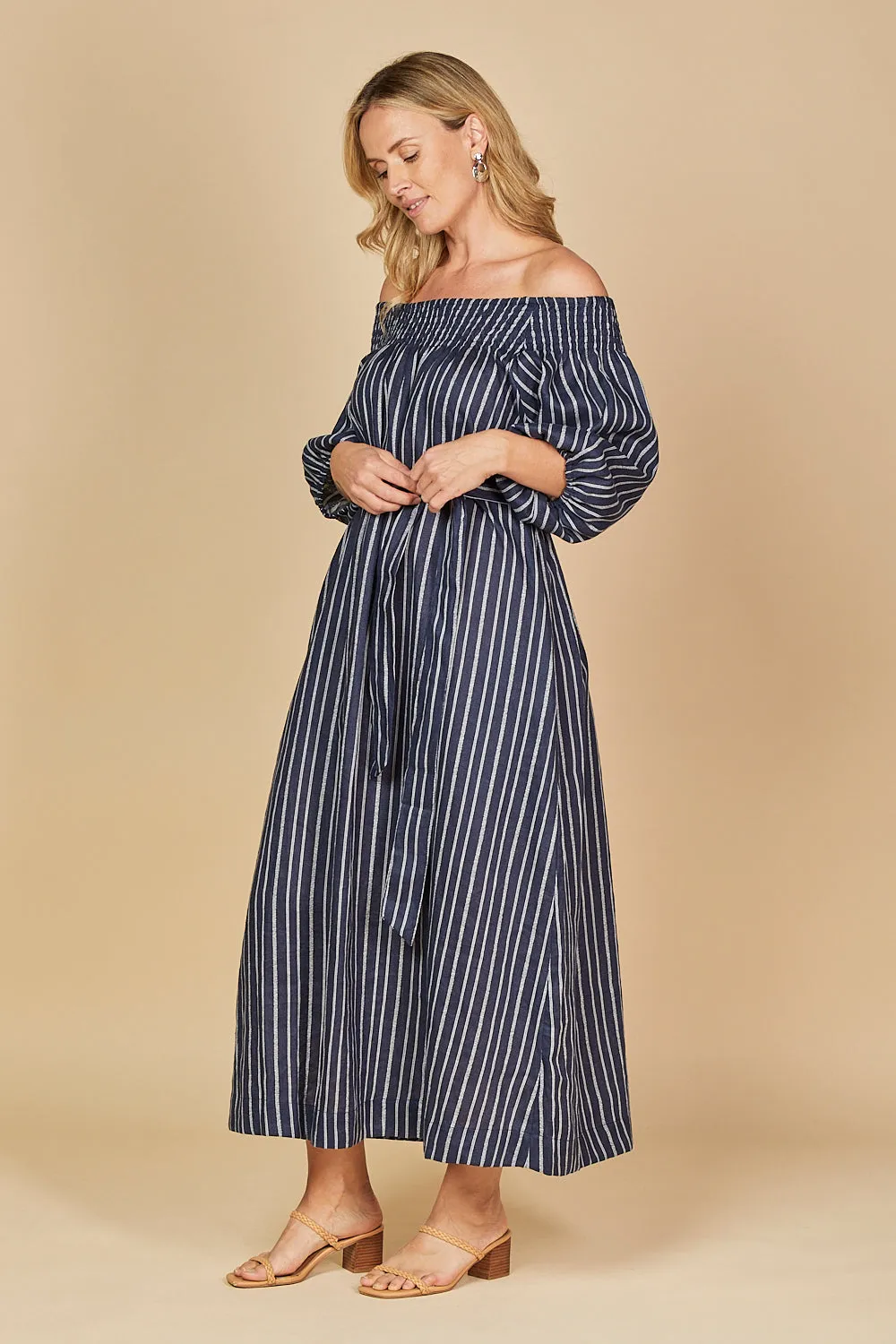 Alisa Off The Shoulder Linen Dress in Boathouse