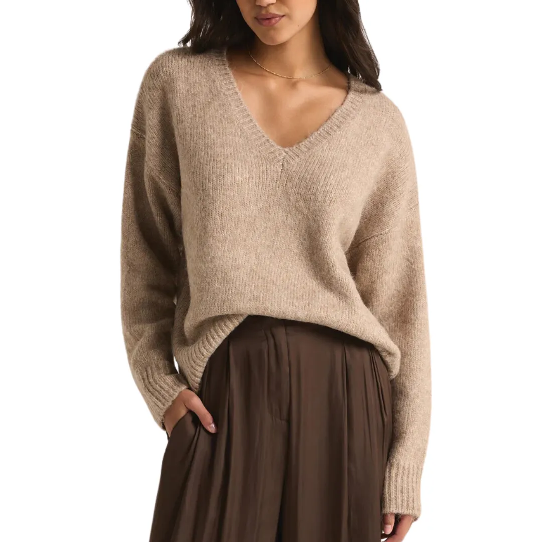 ALL I WANT V NECK SWEATER HEATHER TAUPE