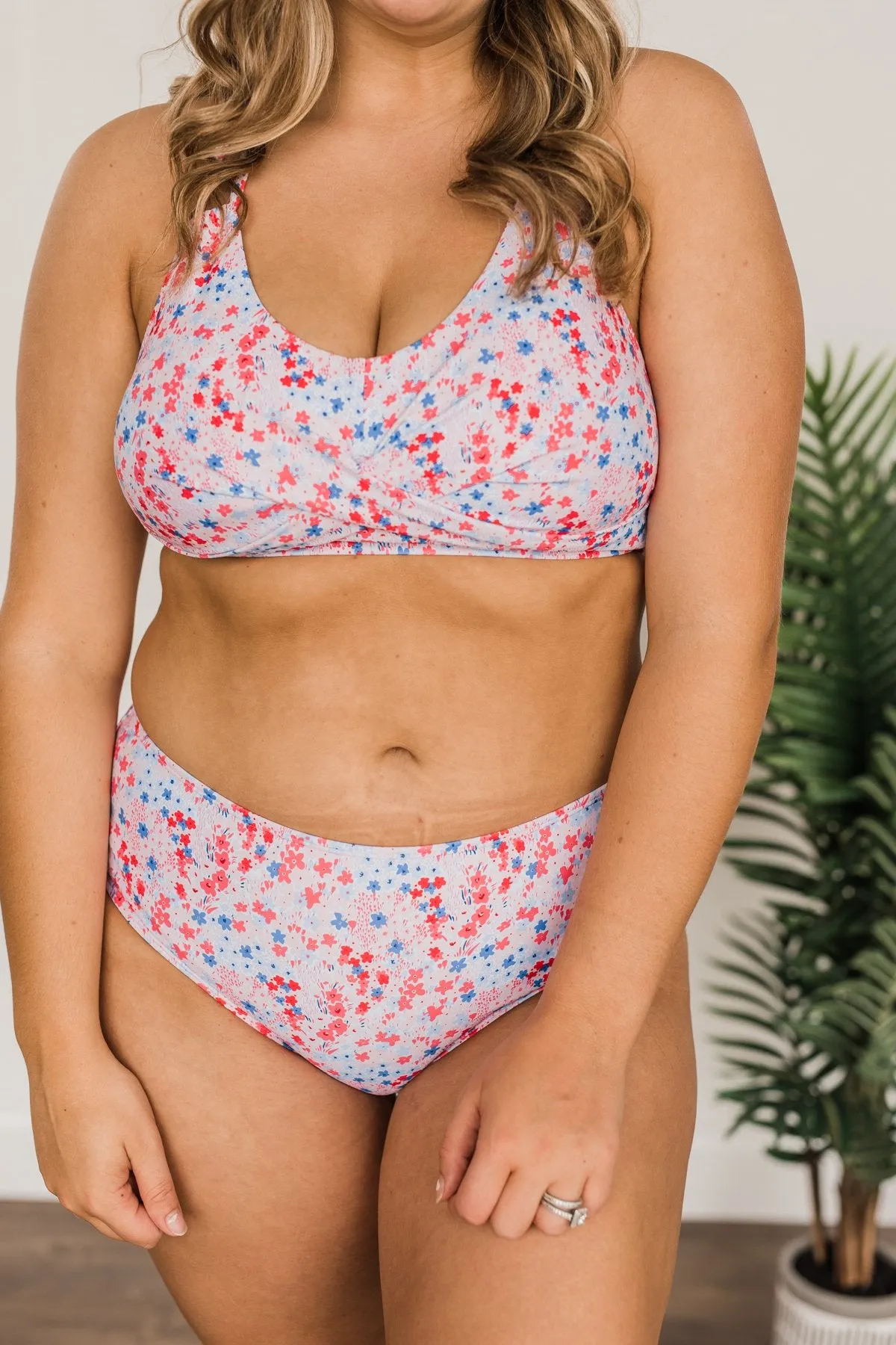 Bask In The Sun Mid-Rise Swim Bottoms- Red & Blue Floral