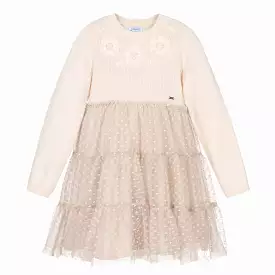 Beige Daisy Overlay Tulle Dress