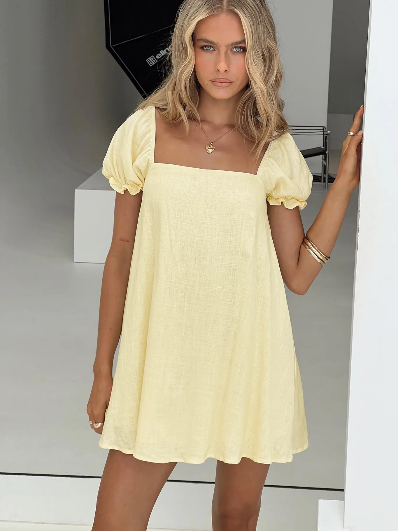 Beyond Linen Blend Mini Dress Yellow