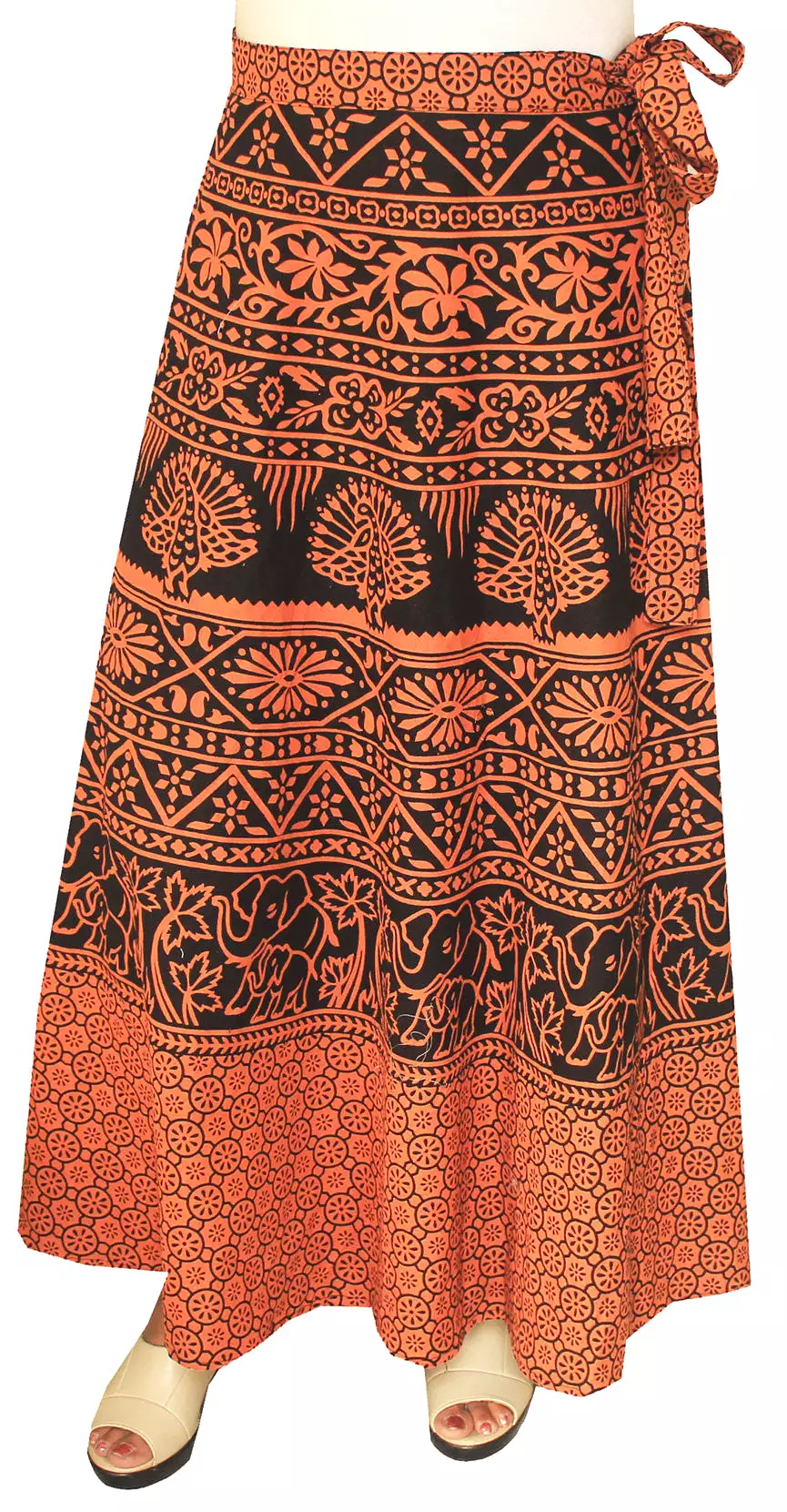 Block Print Long Skirt Wrap Around Cotton Indian Clothes (Brown)