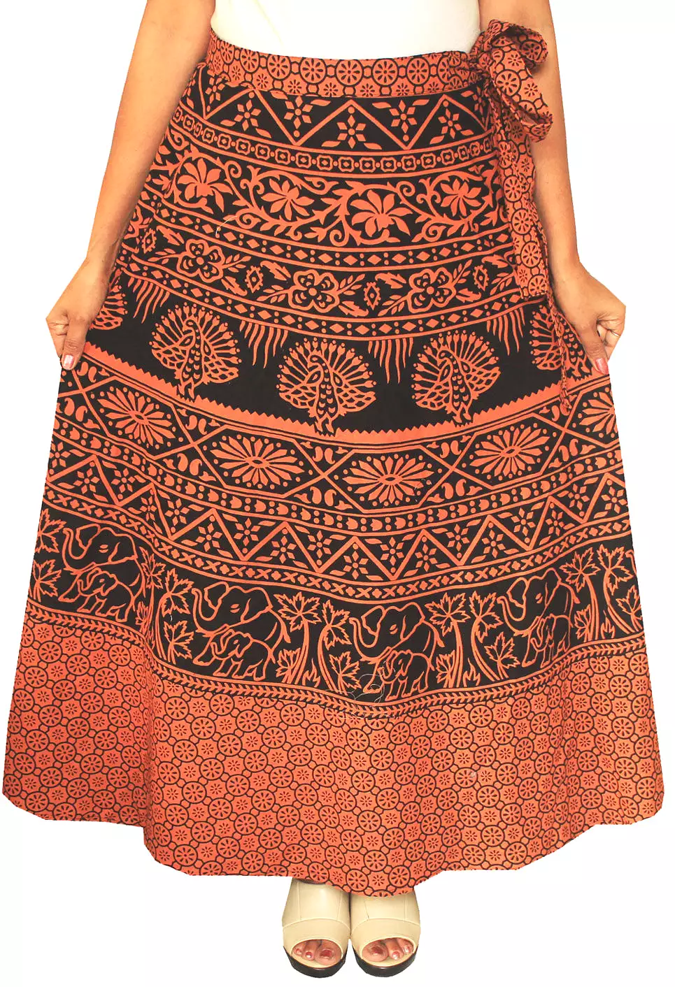 Block Print Long Skirt Wrap Around Cotton Indian Clothes (Brown)