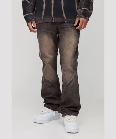 boohooMAN Mens Slim Flared Brown Tint Panelled Jeans