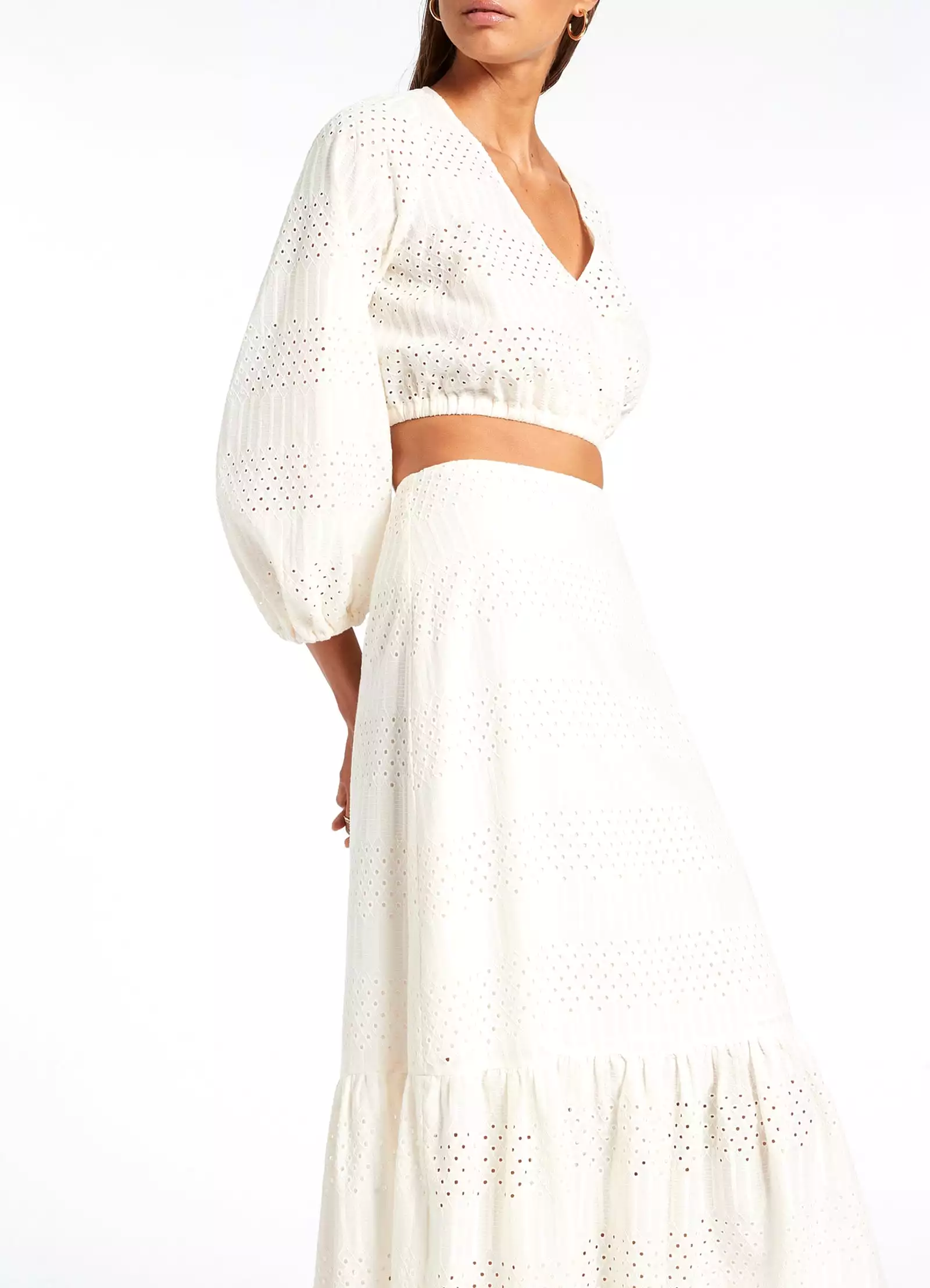 Broderie Tiered Maxi Skirt - Cream