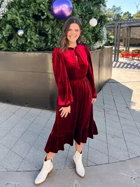 Charleston Ruffle Velvet Midi Dress- Wine