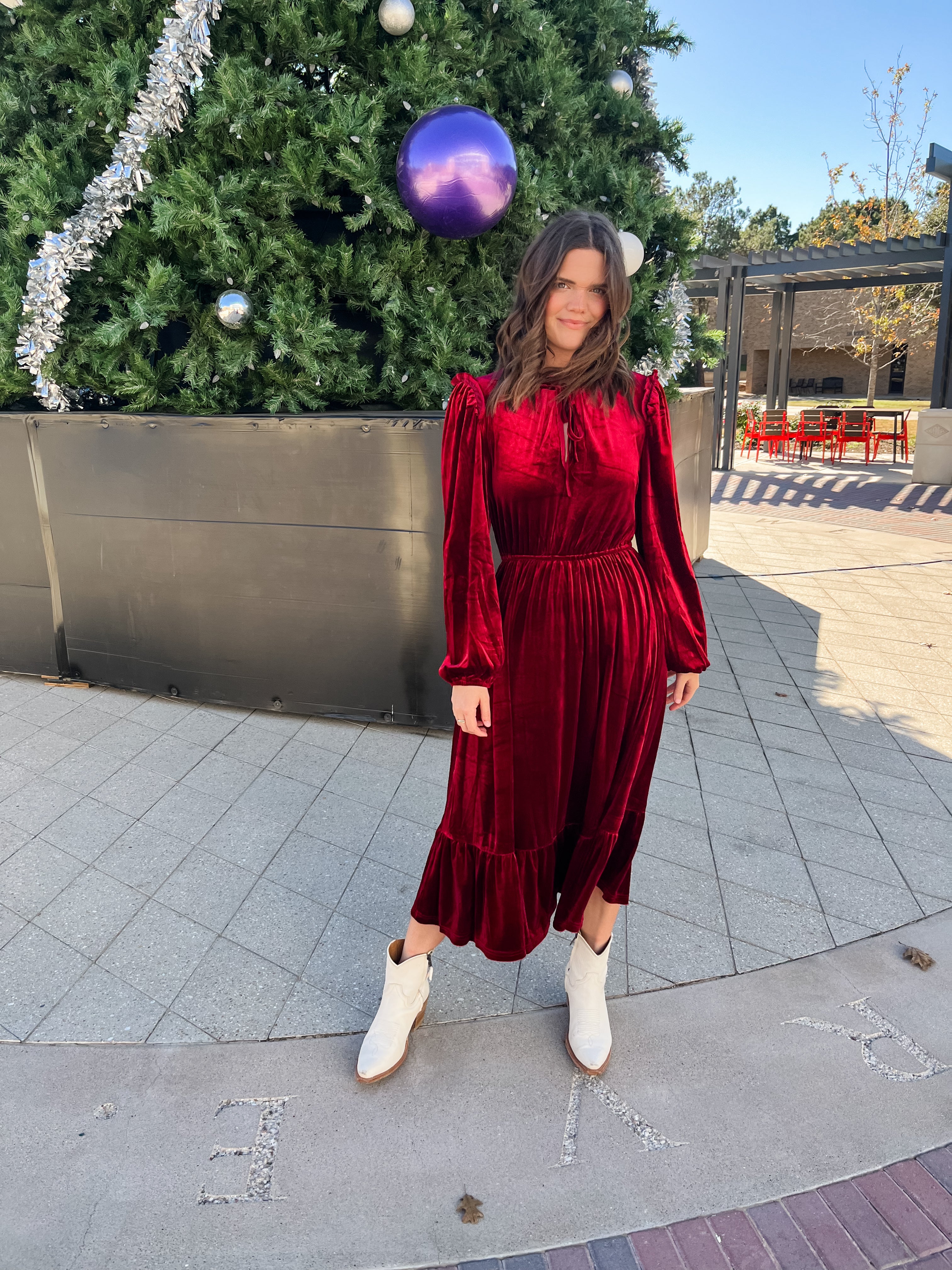 Charleston Ruffle Velvet Midi Dress- Wine