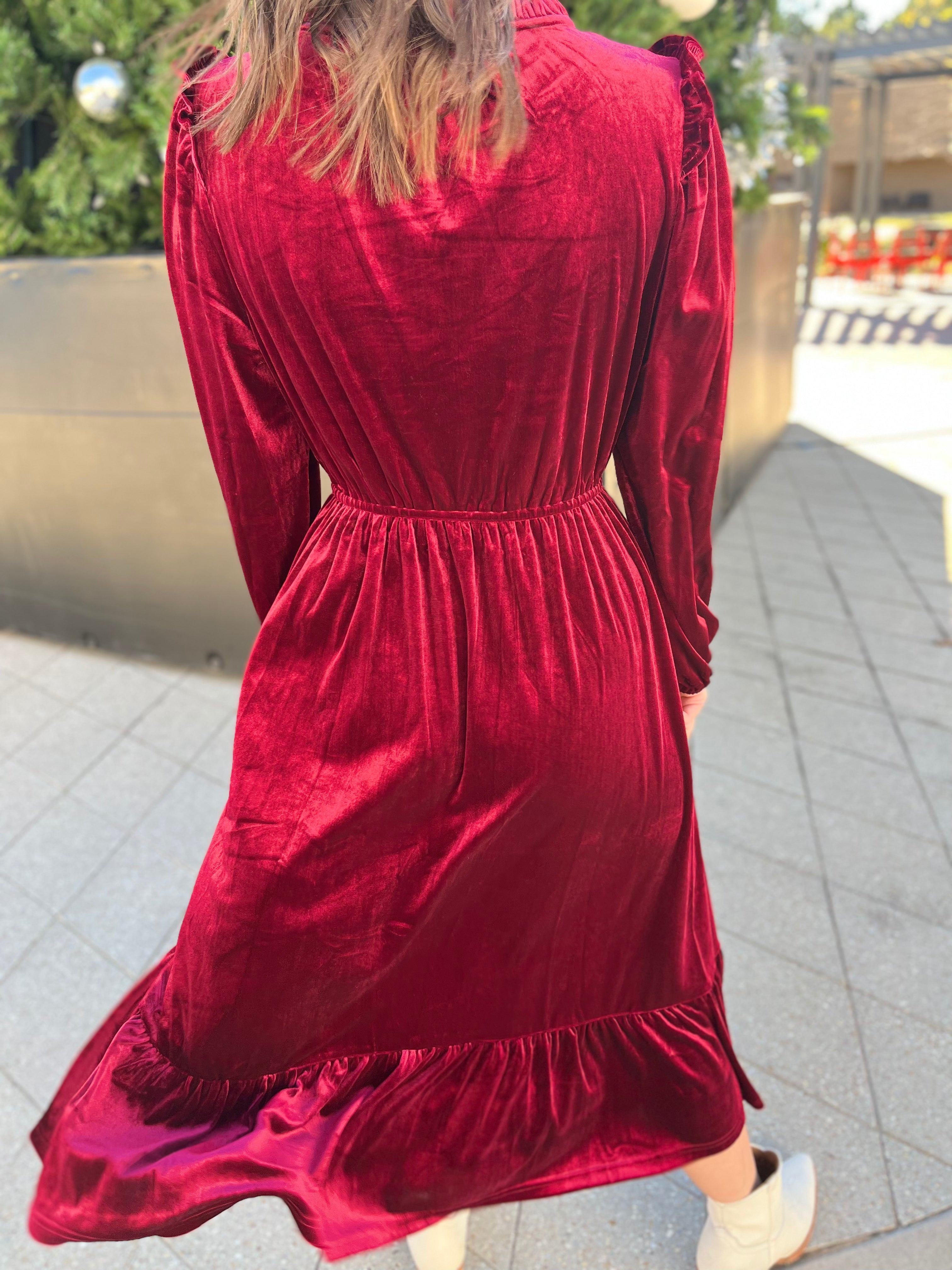 Charleston Ruffle Velvet Midi Dress- Wine