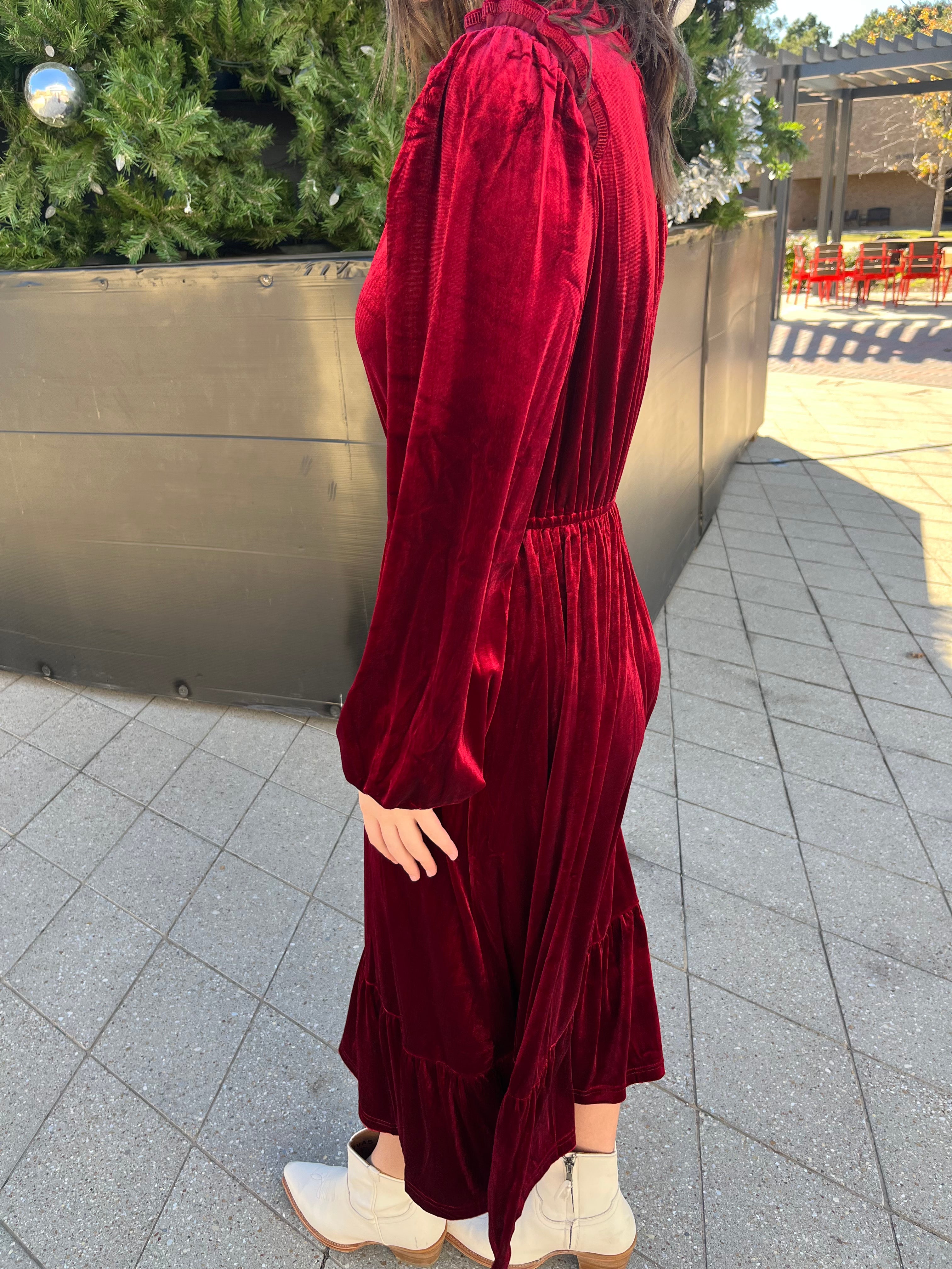 Charleston Ruffle Velvet Midi Dress- Wine