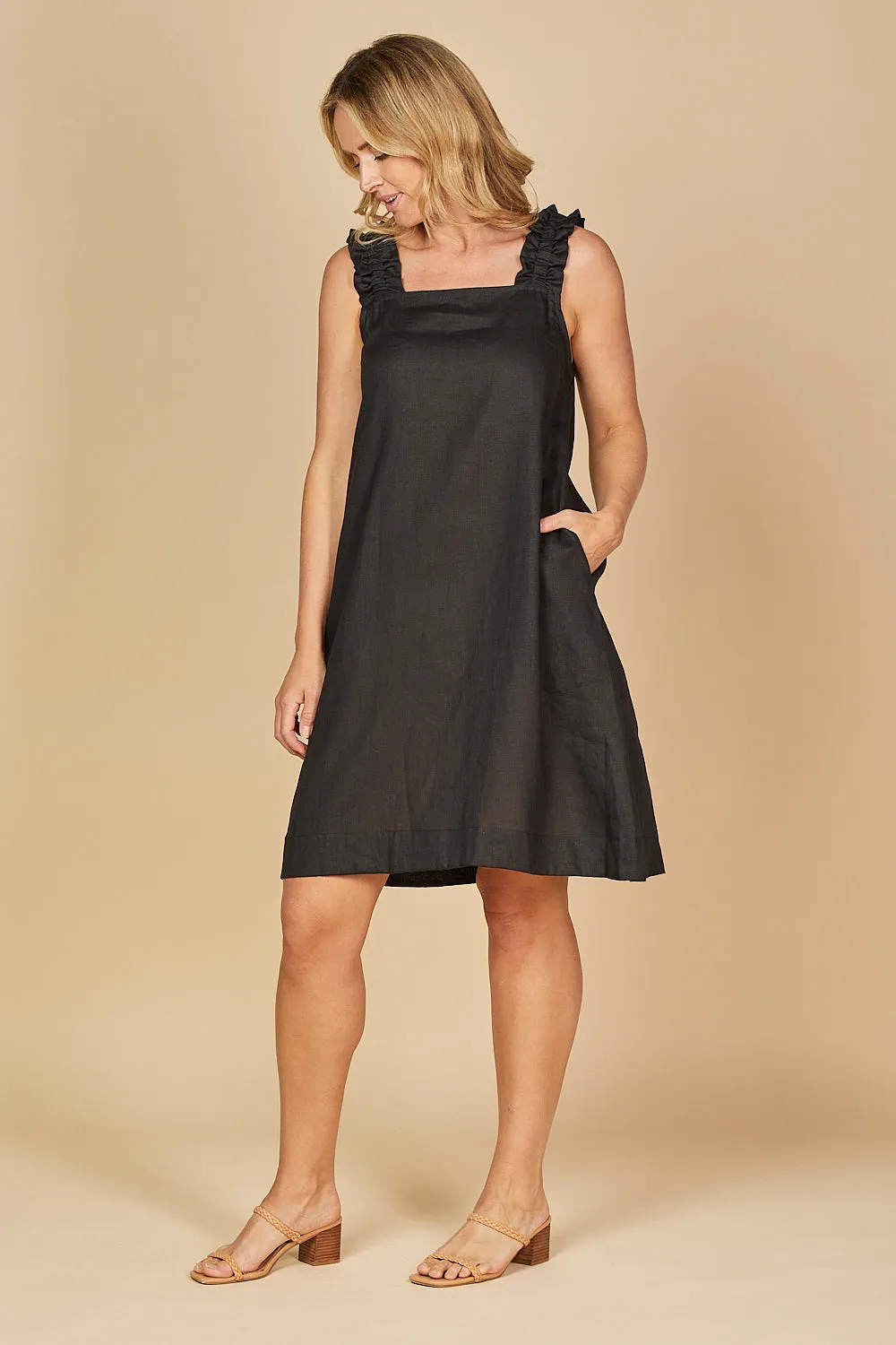 Claire Short Linen Dress in Black