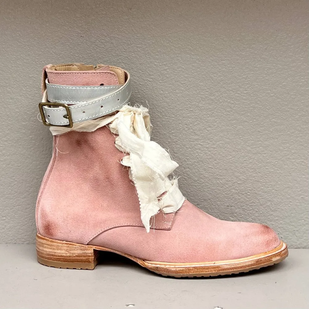 Combat boot-side zip/ Rose suede leather w/ oil accents-contrast leather ankle strap/ leather-rubber sole