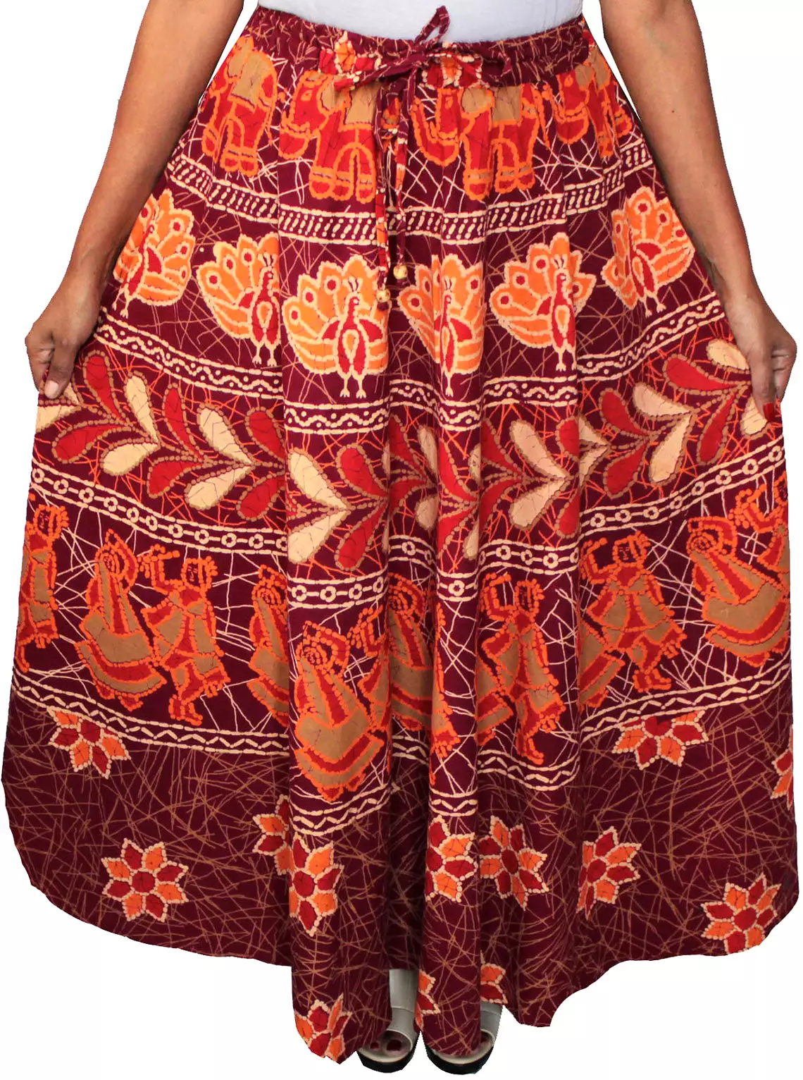 Cotton Batik Printed Womens Long Skirt India Clothing (Maroon)