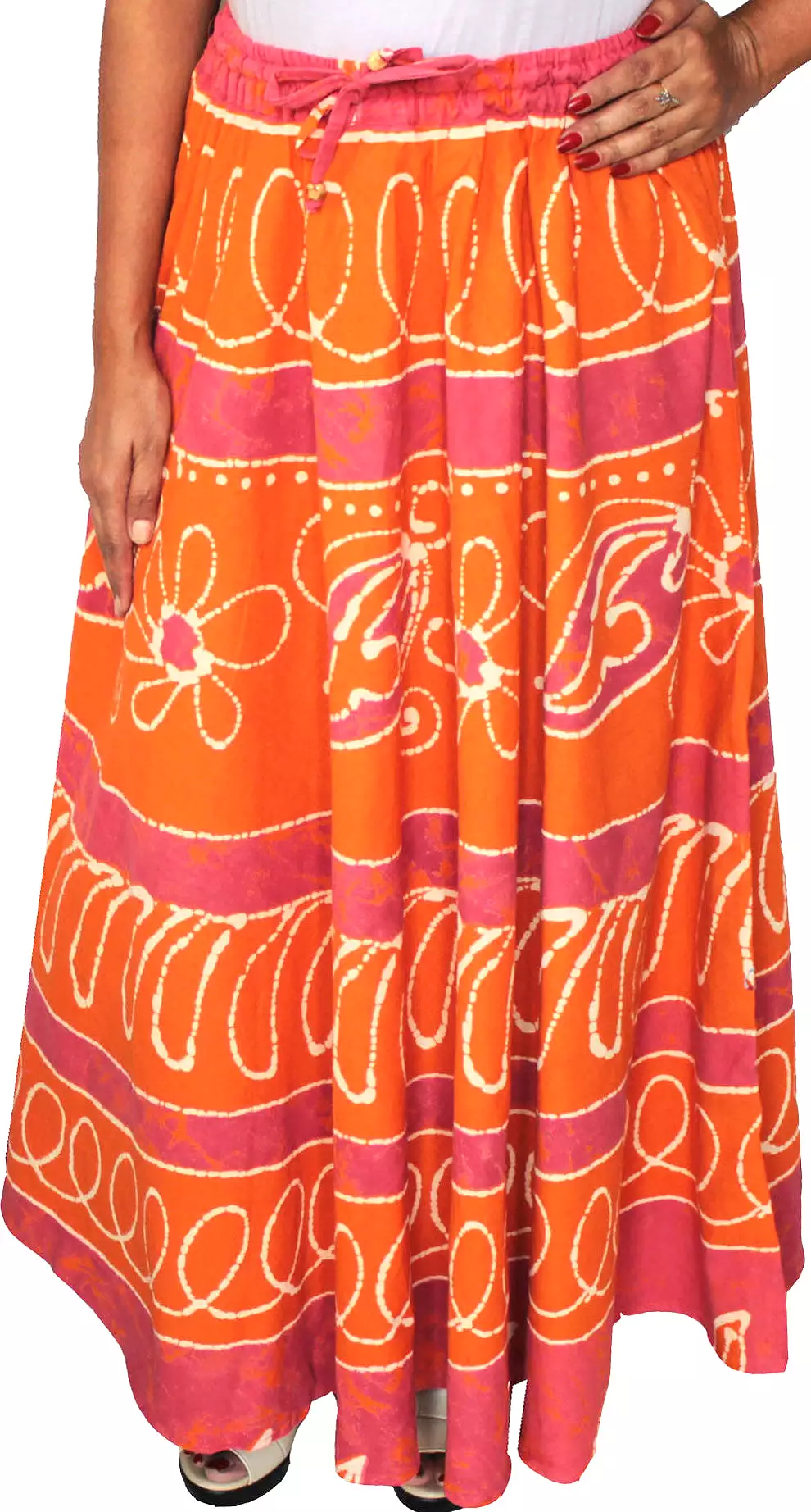 Cotton Batik Printed Womens Long Skirt India Clothing (Orange)