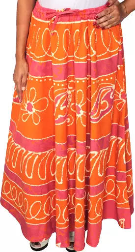 Cotton Batik Printed Womens Long Skirt India Clothing (Orange)