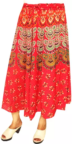 Cotton Printed Long Skirt Womens Indian Clothing (Red)