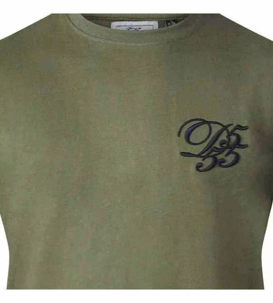 D555 Tall Mens Couture T-Shirt With Curved Hem, Contrast Sleeves And Chest Embroidery (DEMARCUS KHAKI)