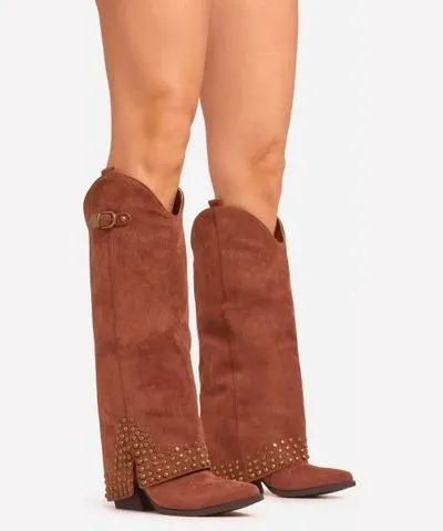 EGO Klay Stud Layered Detail Pointed Toe Knee High Western Cowboy Boot In Tan Brown Faux Suede