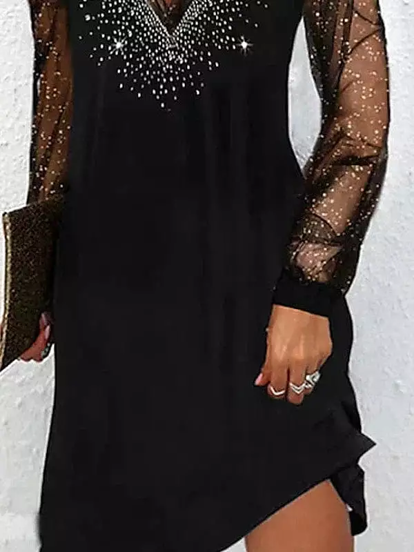 Elegant Women's Versatile Black Shift Dress with Long Sleeves and Midi Length