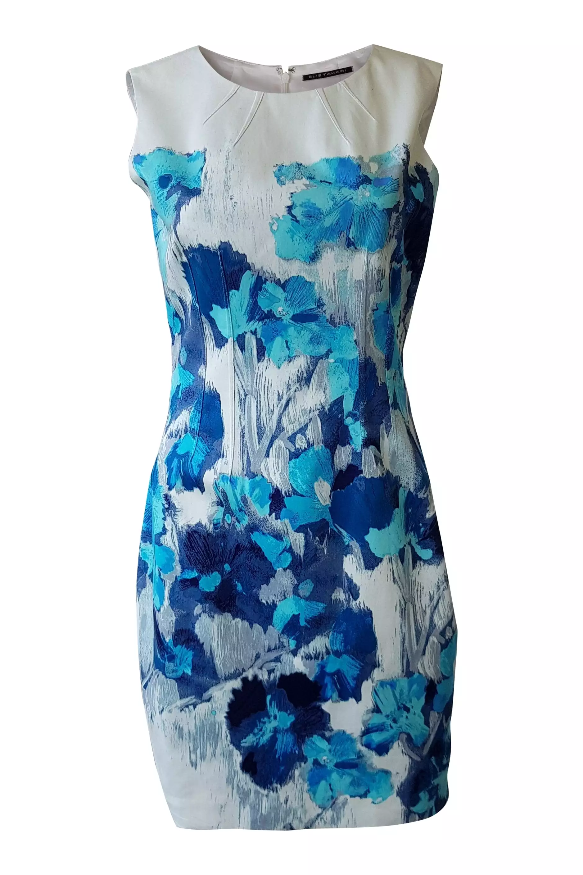 ELIE TAHARI White Blue Floral Print Sleeveless Shift Dress (UK 8)