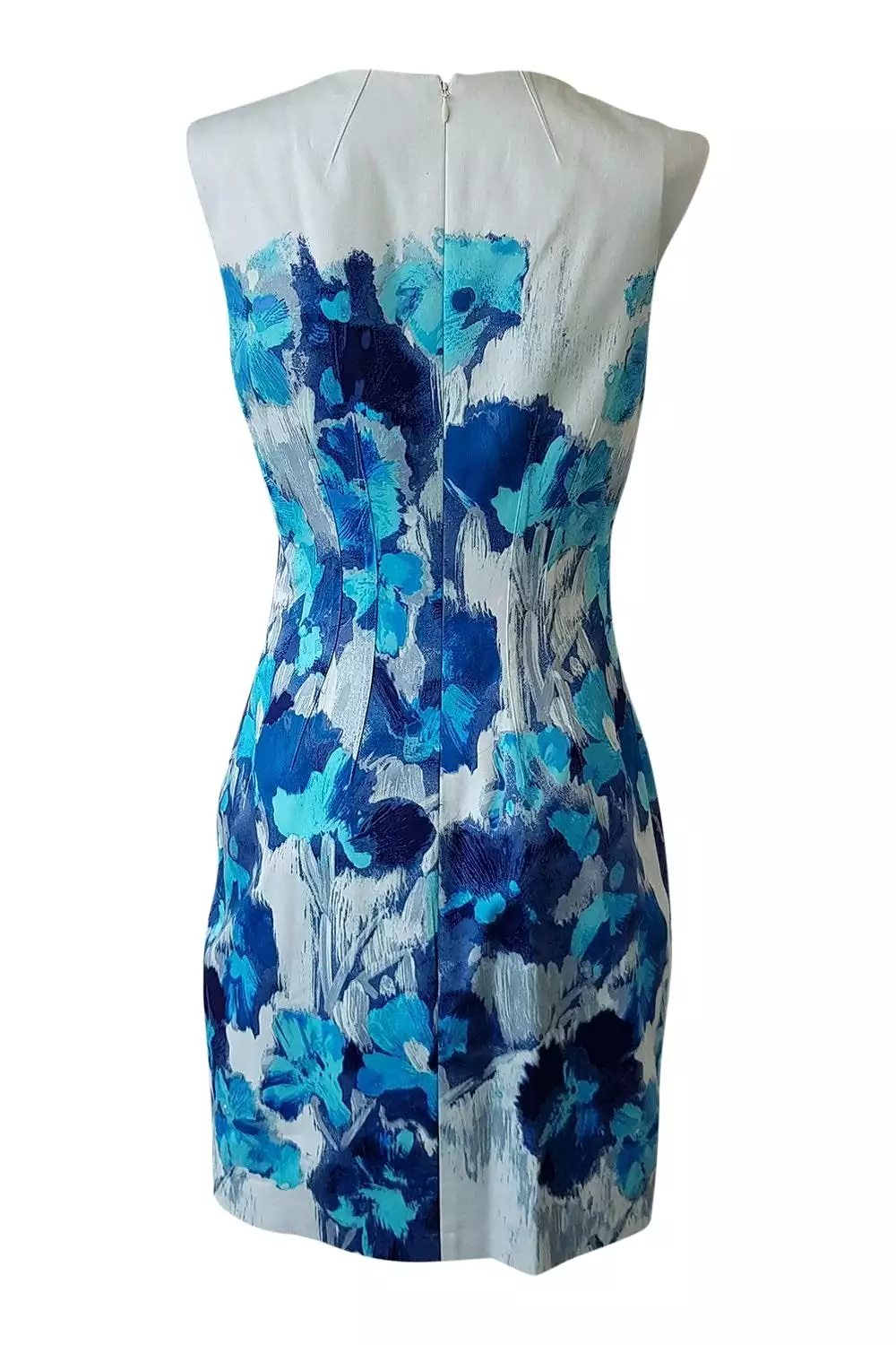 ELIE TAHARI White Blue Floral Print Sleeveless Shift Dress (UK 8)