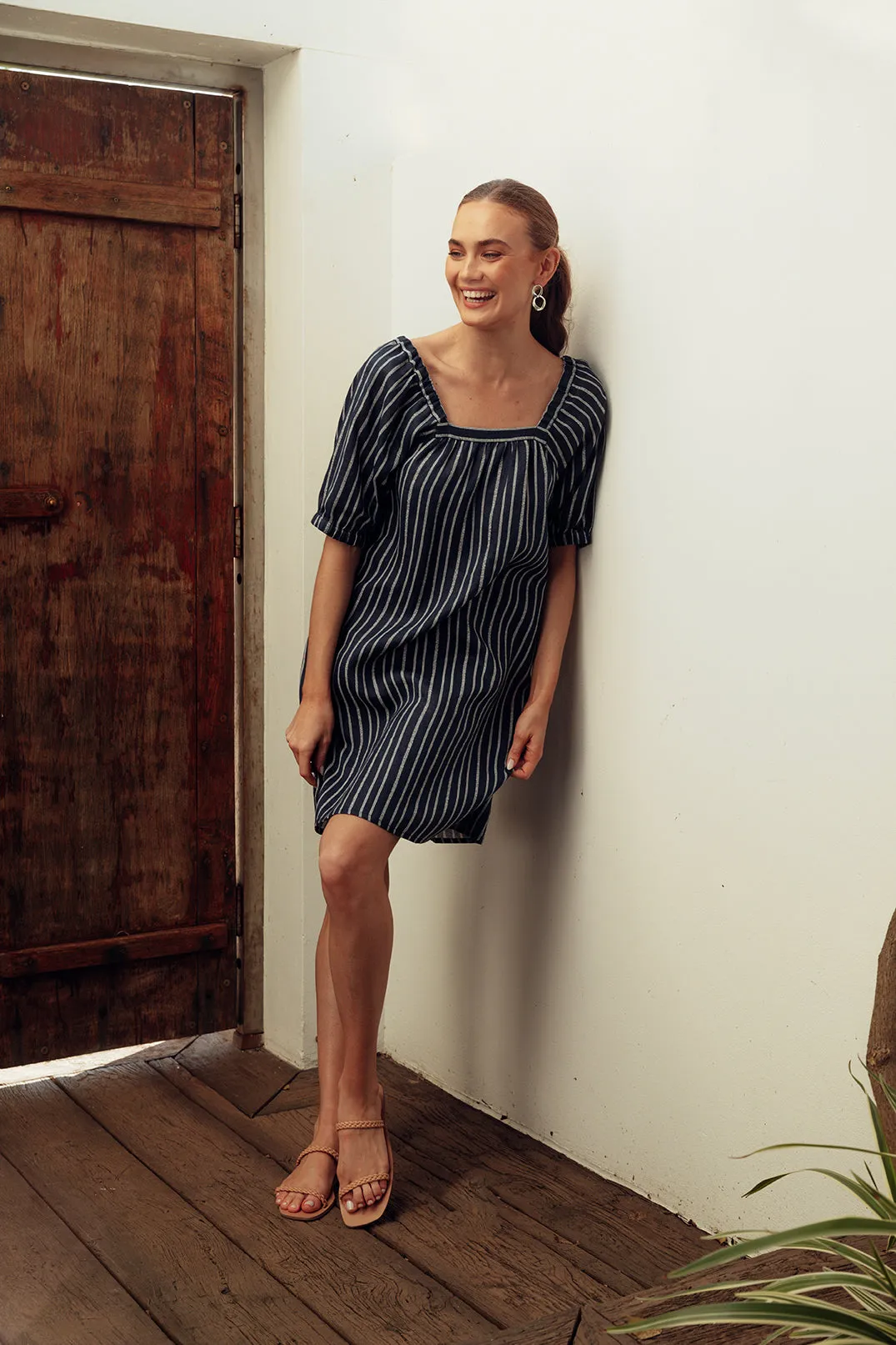 Elle Linen Short Dress in Boathouse