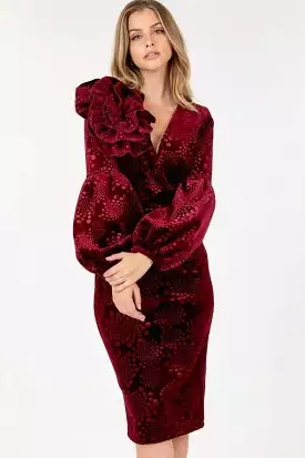 Flower Patch Flocked Velvet Fitted Midi Dress With Puff Sleeves