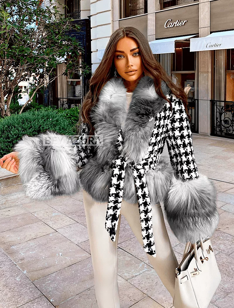 Fox Fur Trim Belted Wool Jacket