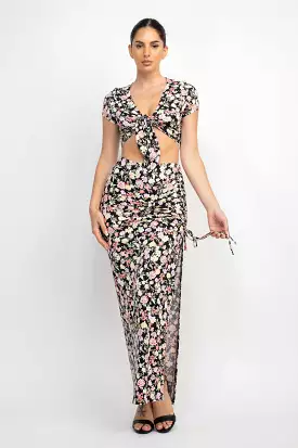 Front Knot Floral Top & Ruched Maxi Skirts Set