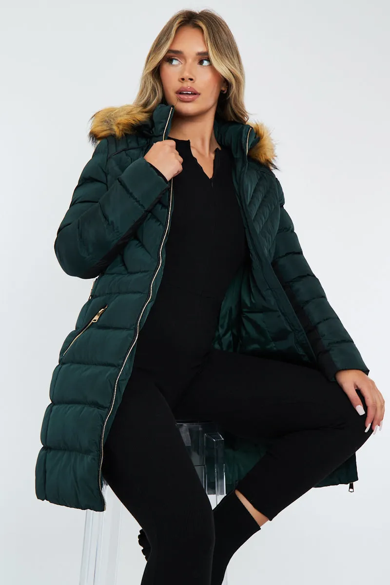 Green Fur Hood Contrast Panel Puffer Coat - Chelsie