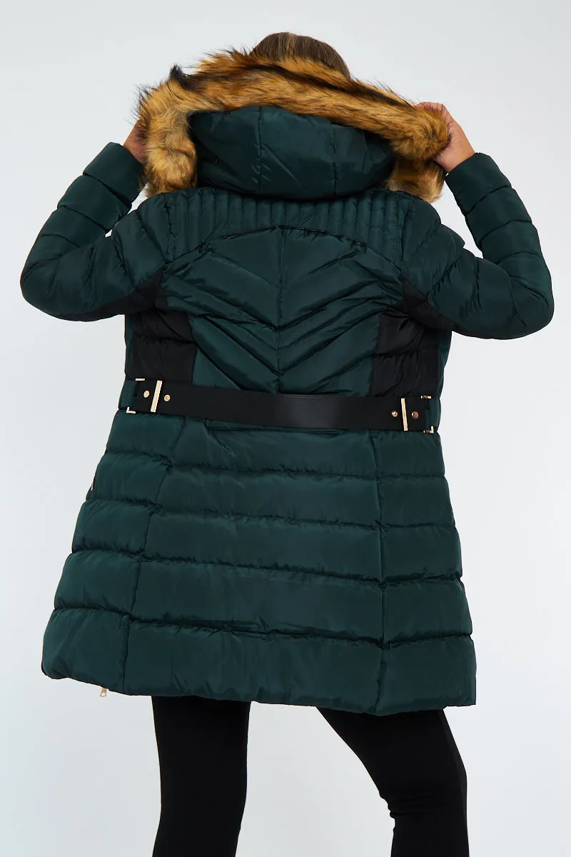 Green Fur Hood Contrast Panel Puffer Coat - Chelsie