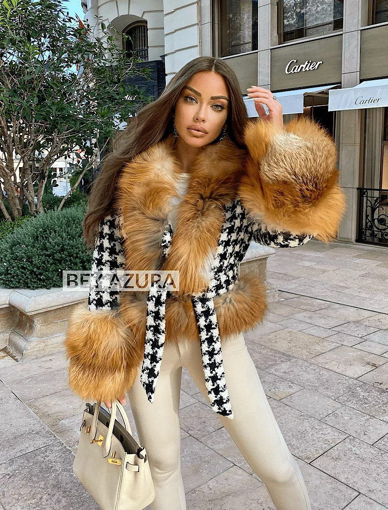 Houndstooth Fox Fur Trim Belted Wool Jacket