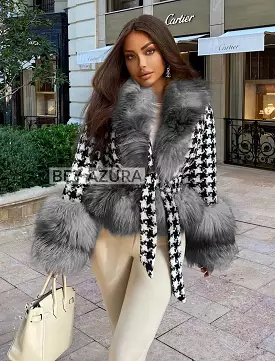 Houndstooth Fox Fur Trim Belted Wool Jacket