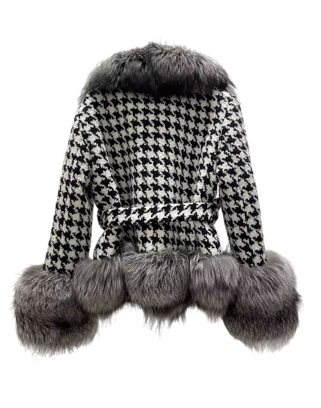 Houndstooth Fox Fur Trim Belted Wool Jacket