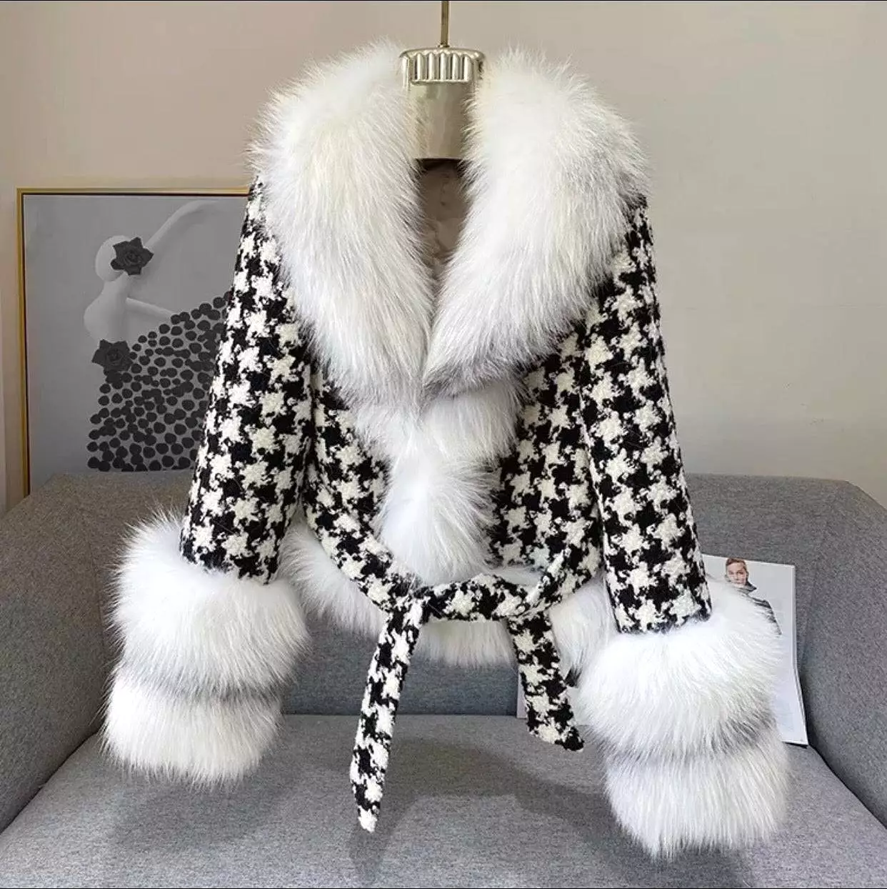 Houndstooth White Fox Fur Trim Belted Wool Jacket