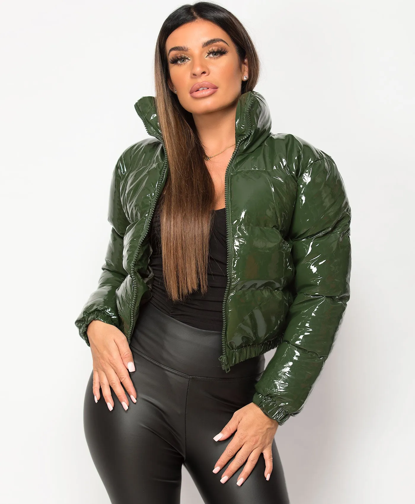 Khaki High Shine PU Vinyl Cropped Puffer Jacket