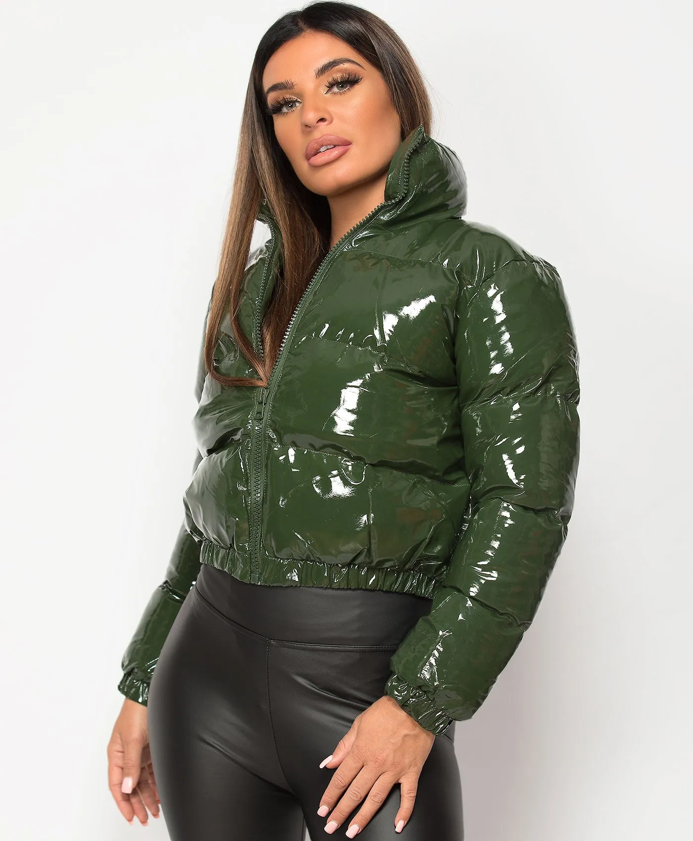 Khaki High Shine PU Vinyl Cropped Puffer Jacket