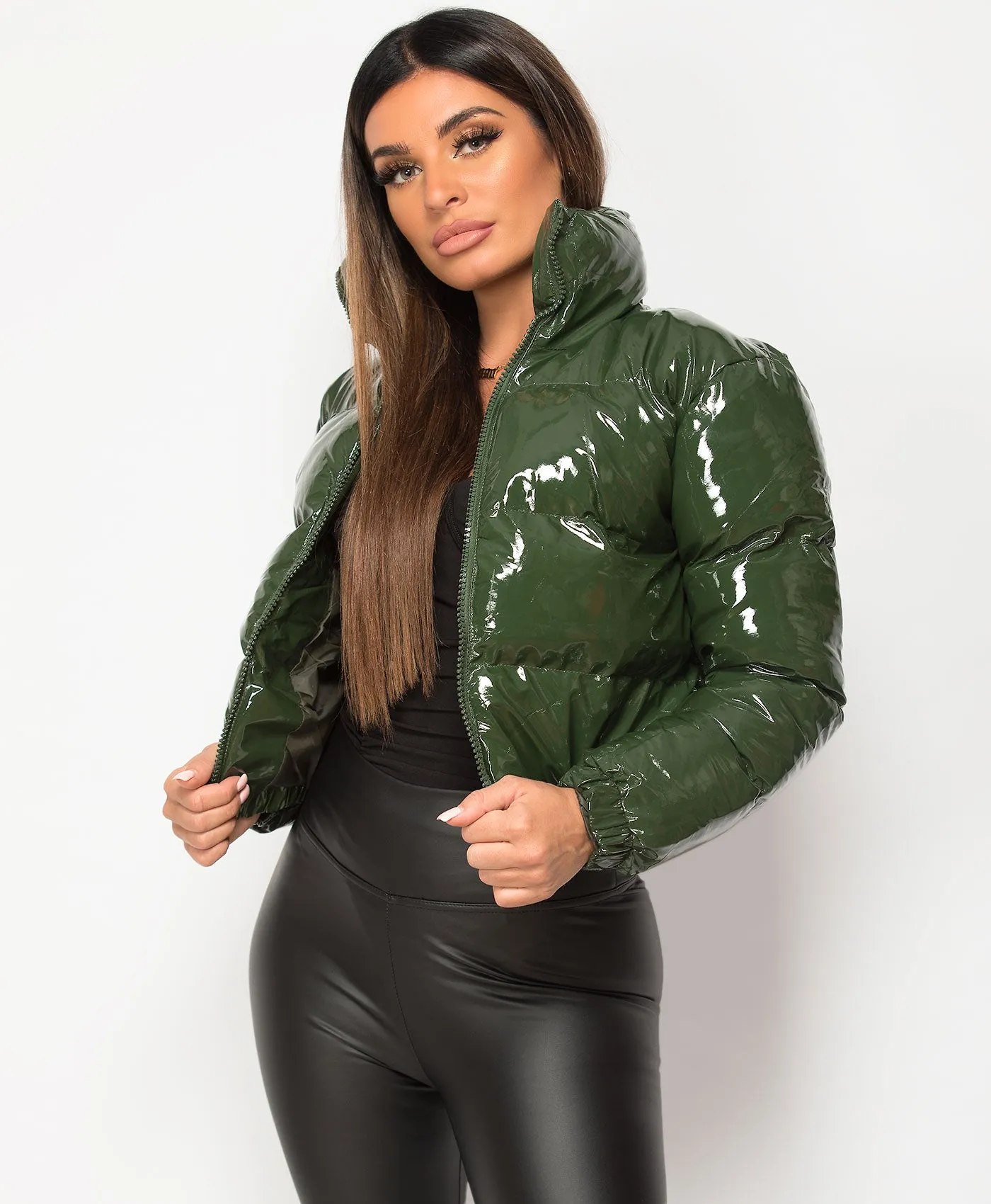 Khaki High Shine PU Vinyl Cropped Puffer Jacket