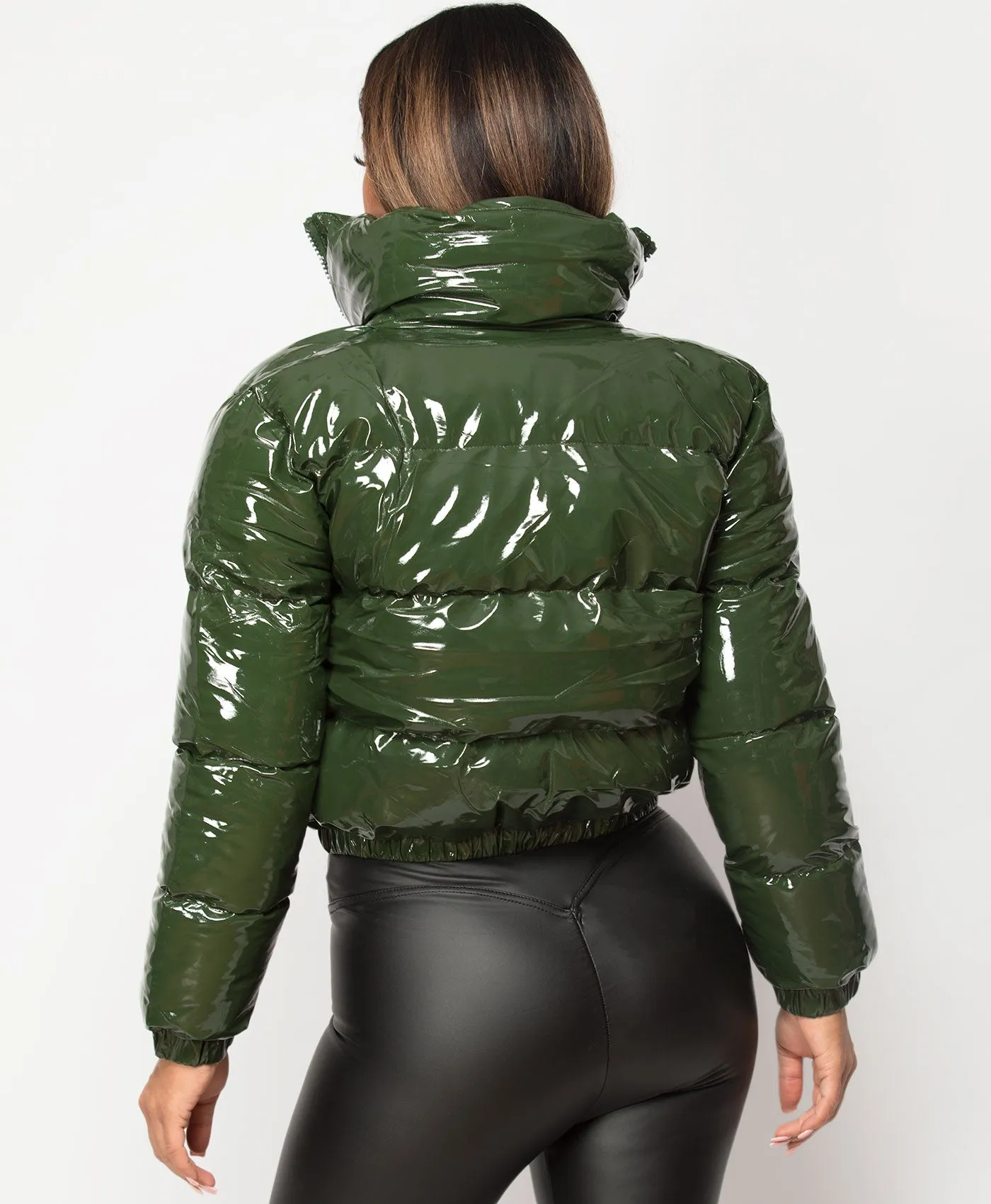 Khaki High Shine PU Vinyl Cropped Puffer Jacket