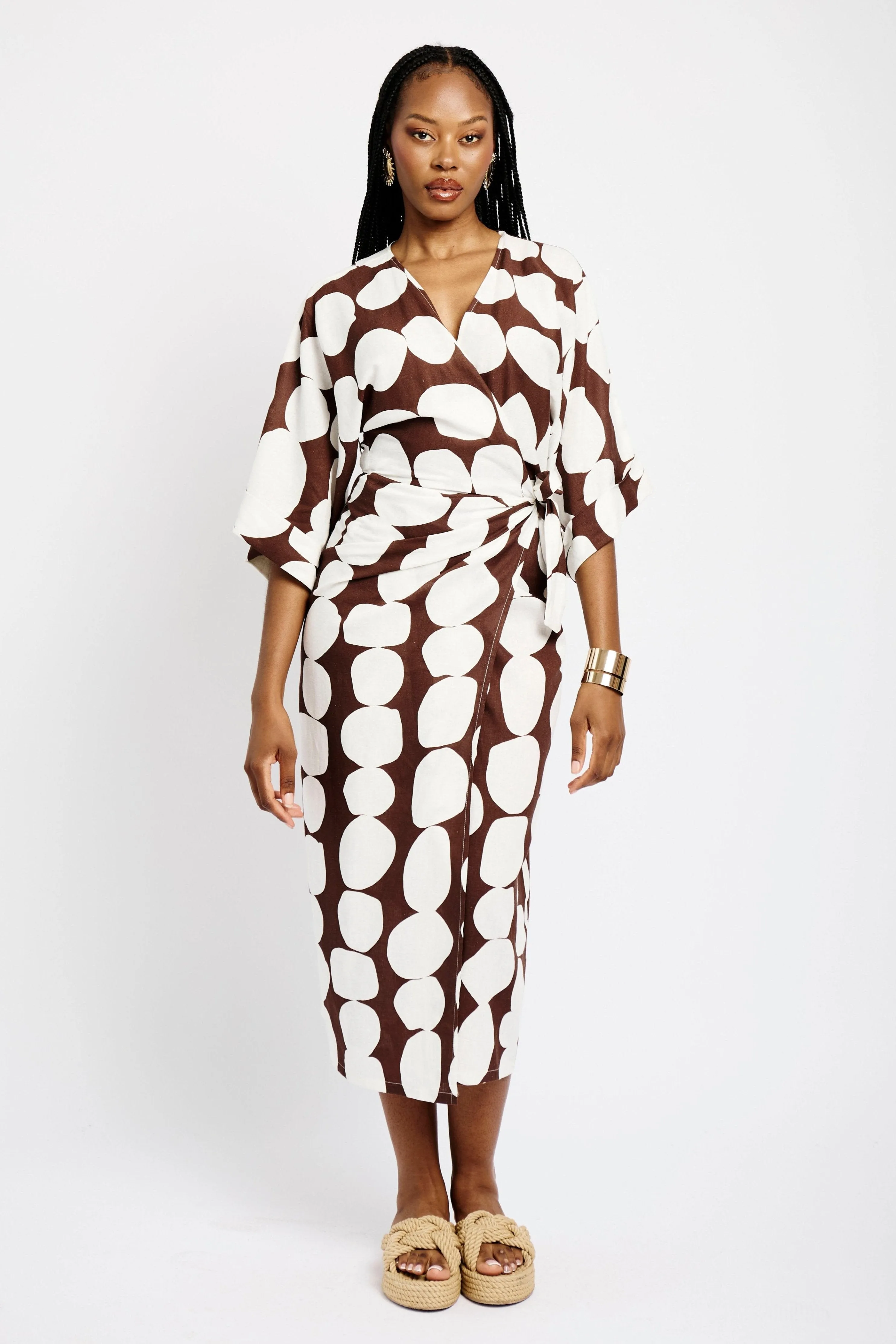 Kimono Sleeve Linen Wrap Dress in Choc Bubble