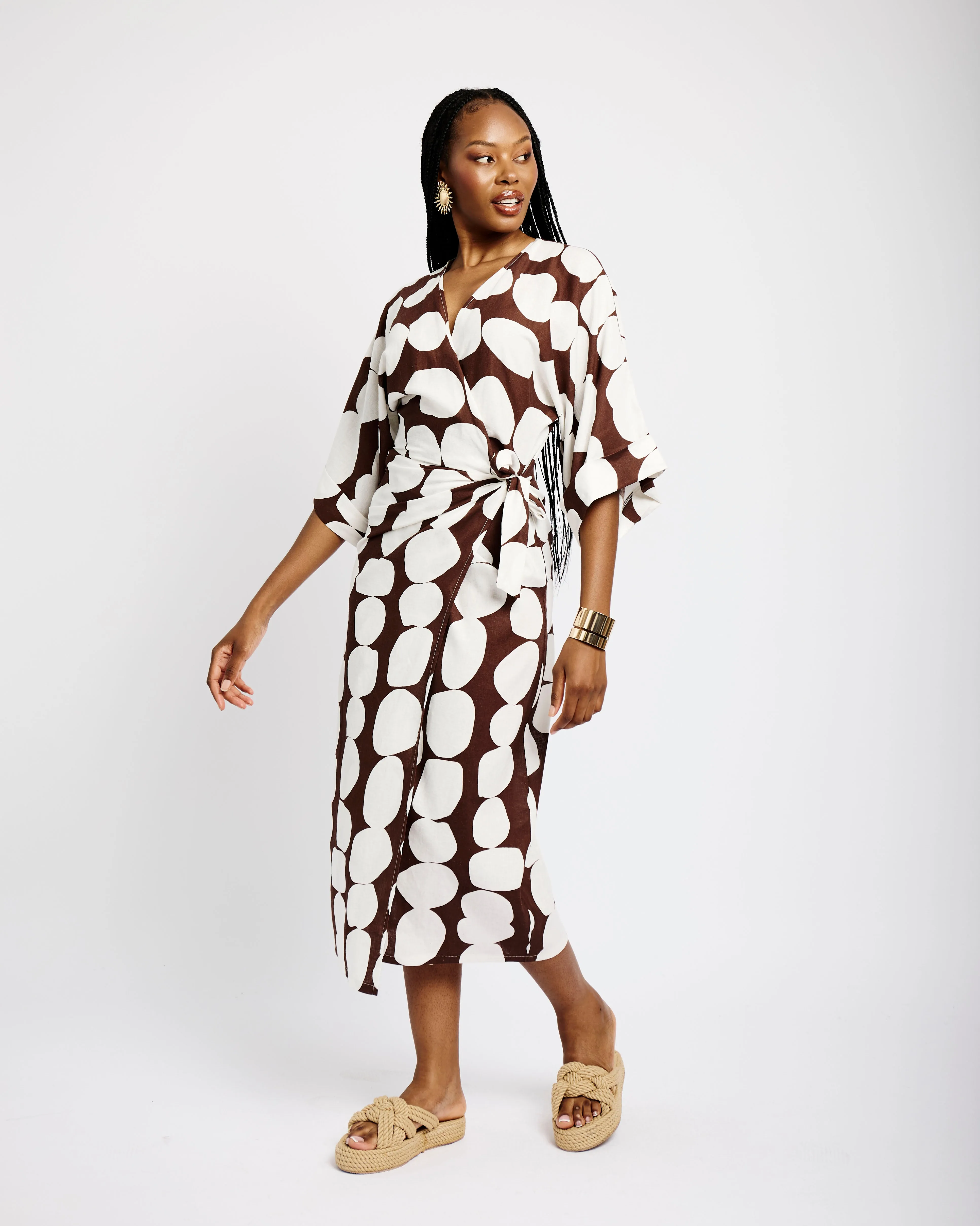 Kimono Sleeve Linen Wrap Dress in Choc Bubble